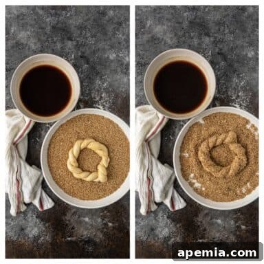 dipping yeast dough into molasses and sesame seeds