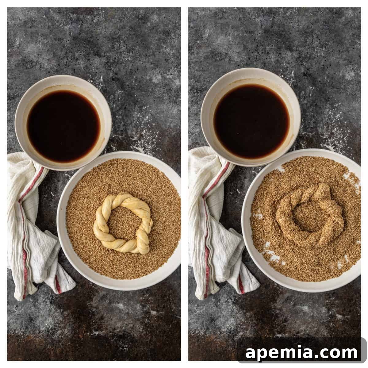 bread rings coated with molasses and sesame seeds