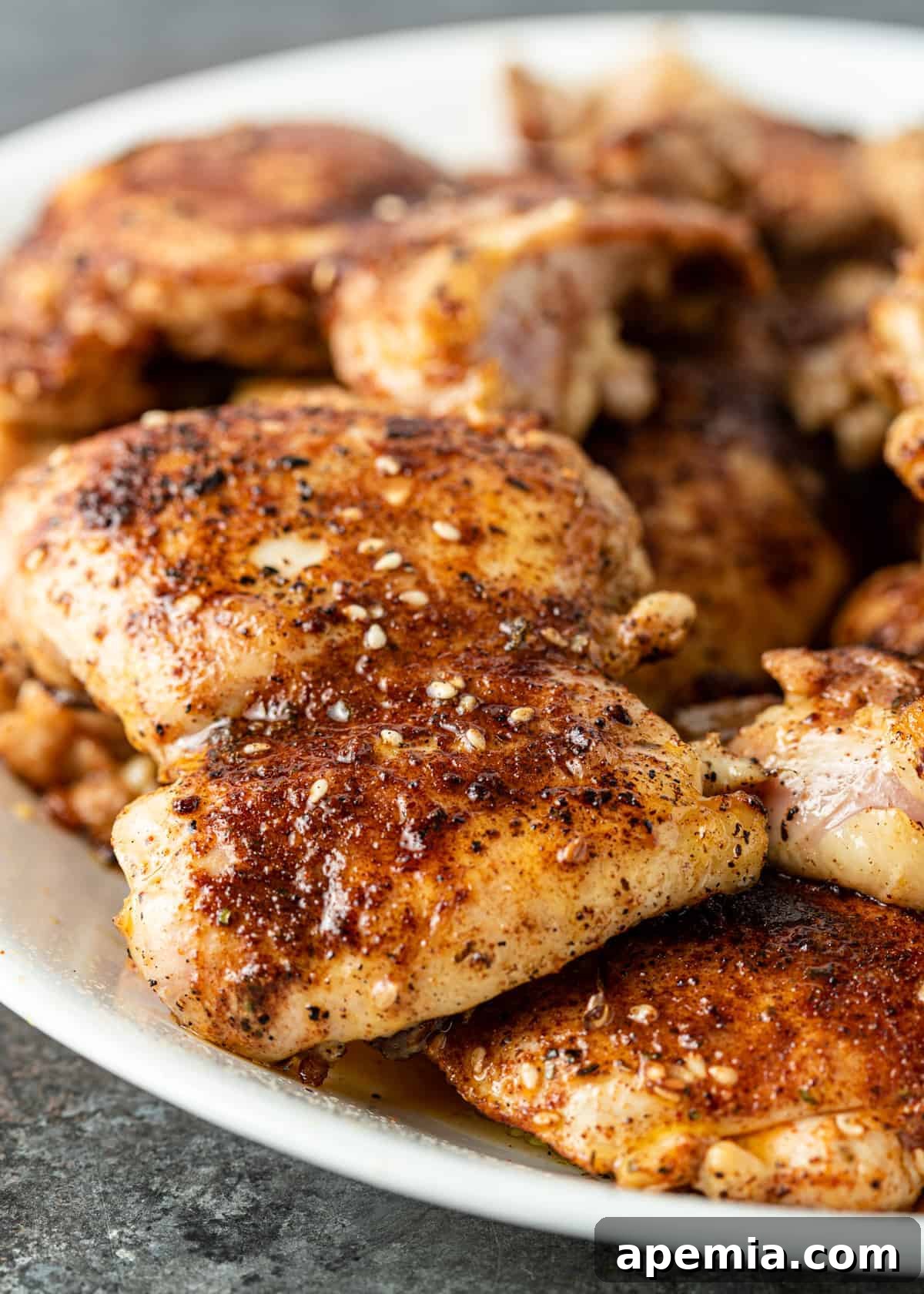 Closeup of Moroccan spiced chicken, showing the rich North African chicken spice blend
