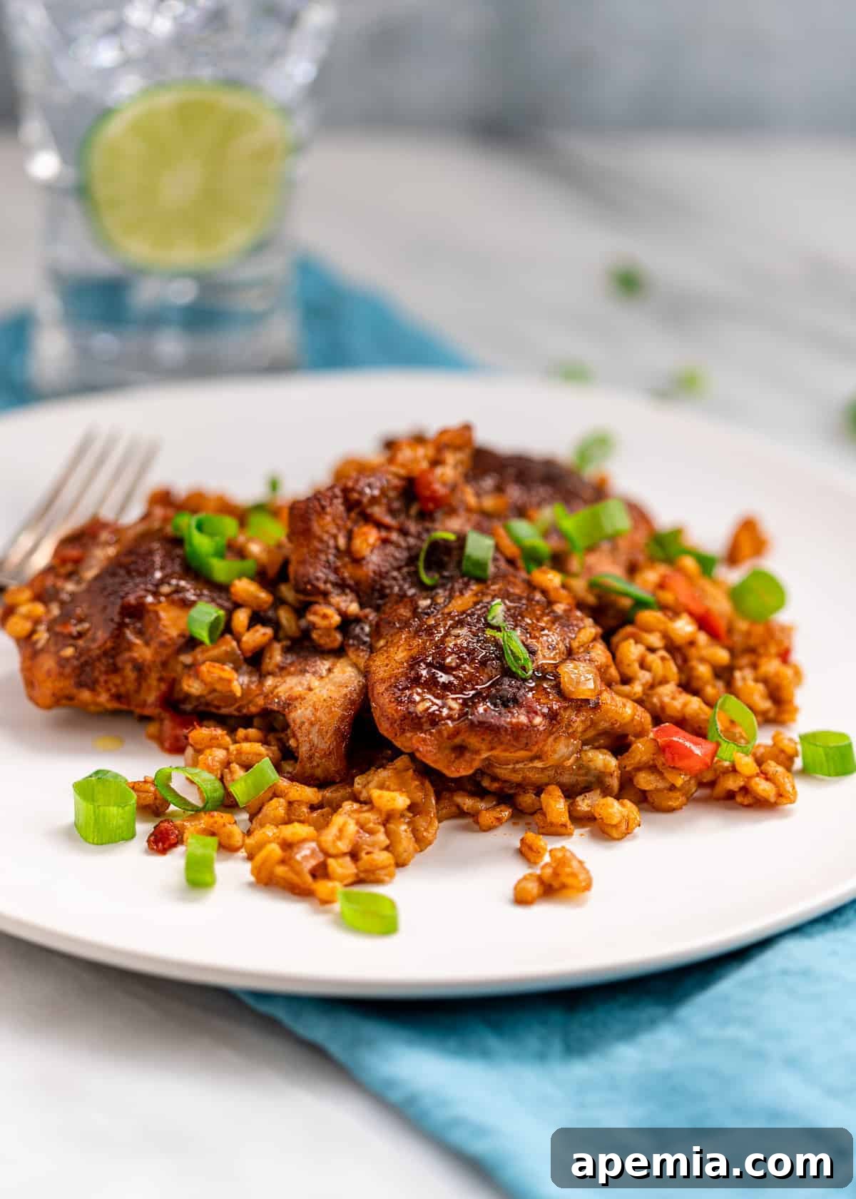 Side view of North African smothered chicken recipe plated on a bed of pearled barley, garnished with green onions