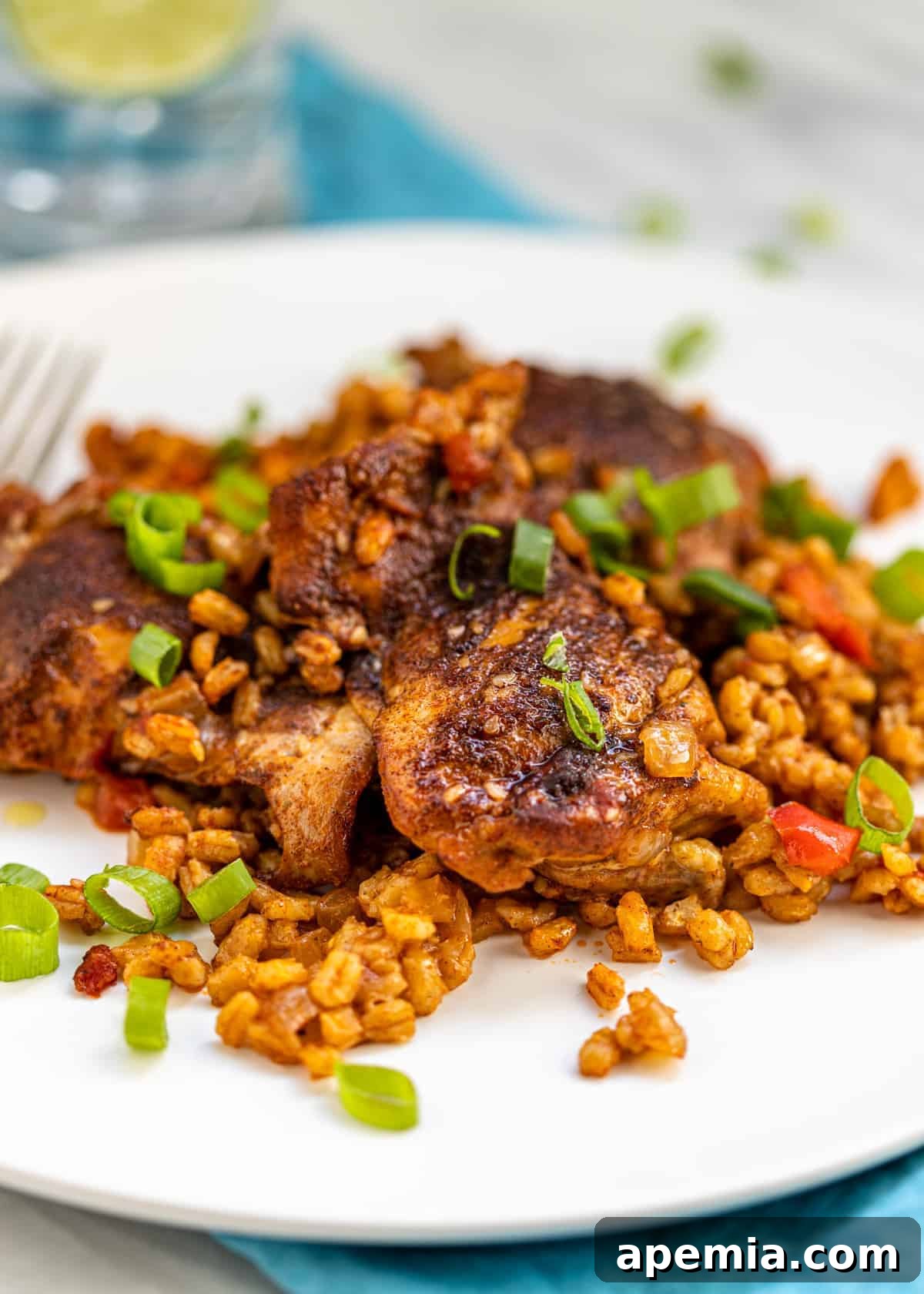Closeup of Moroccan smothered chicken thighs and barley on a white plate, garnished with fresh herbs