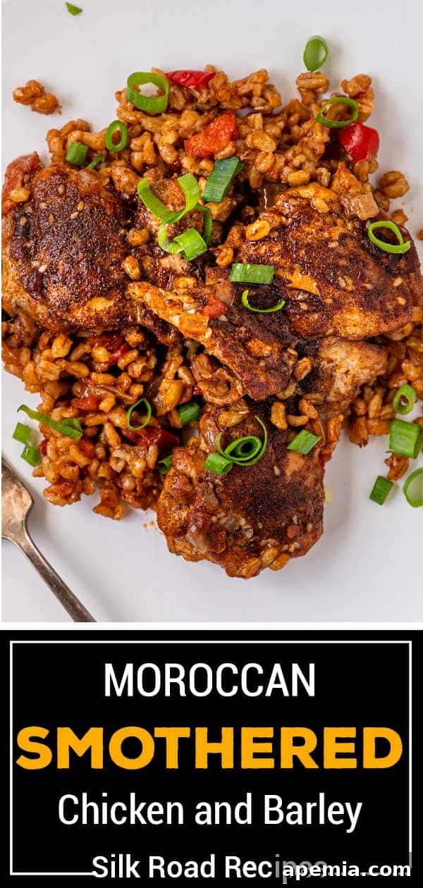 Moroccan smothered chicken and barley presented beautifully, ready for dinner