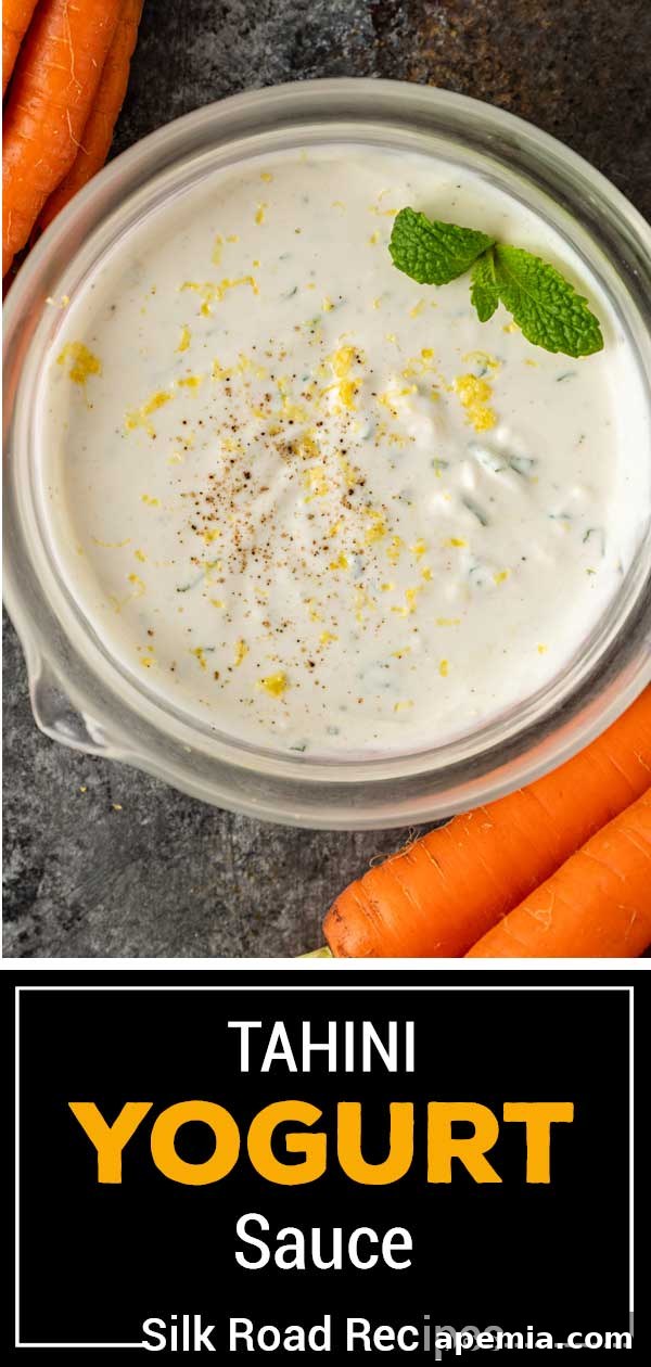 title image shows bowl of tahini yogurt sauce garnished with lemon zest and mint