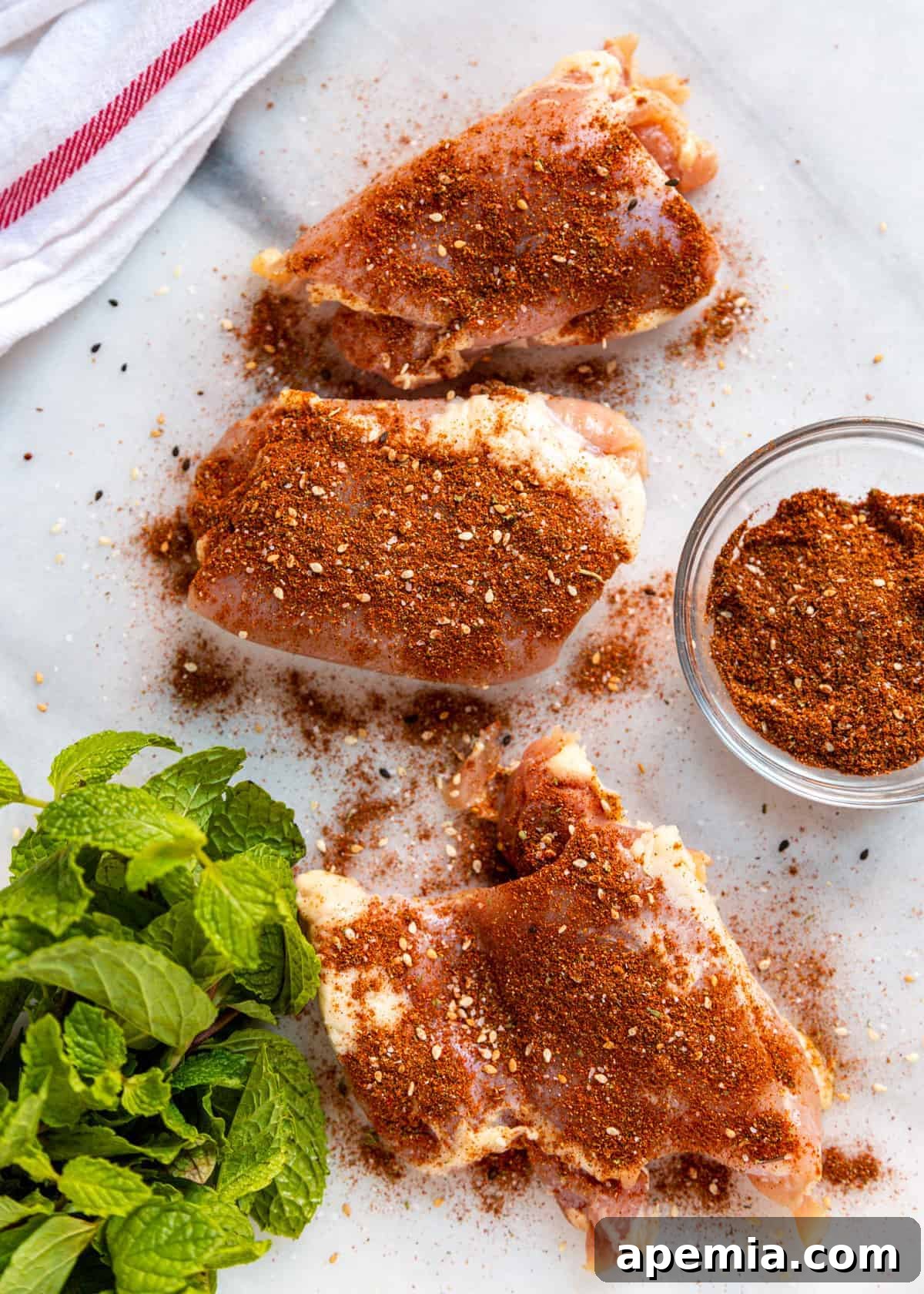 Overhead view of uncooked chicken pieces generously coated with Moroccan seasonings