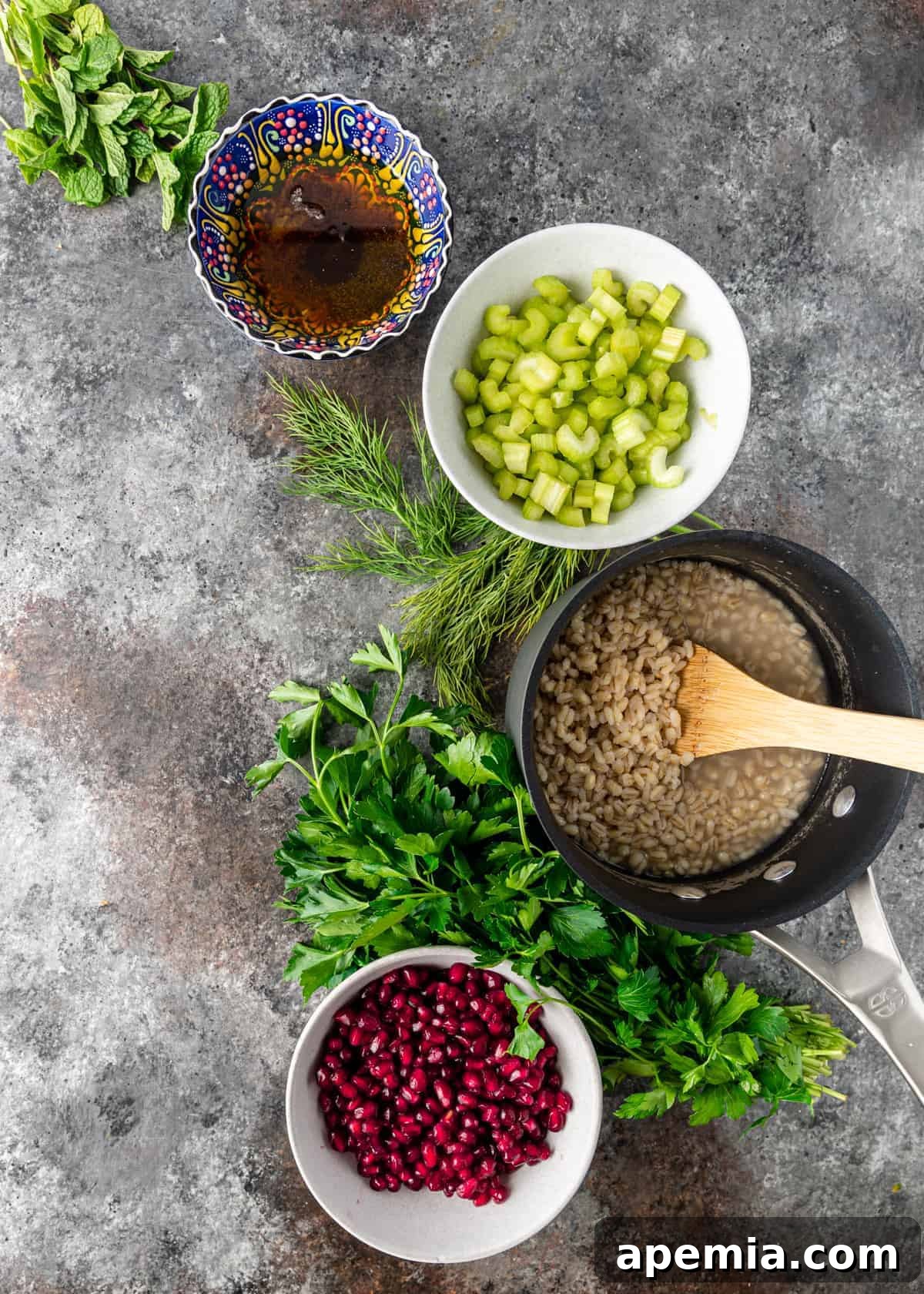 ingredients to make pomegranate barley salad