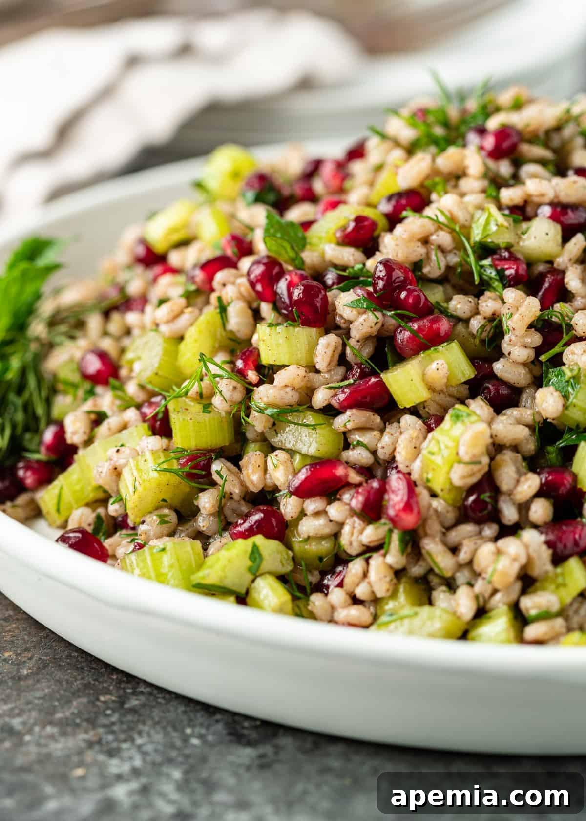 closeup: pearl barley with celery, garlic, herbs, and pomegranate seeds in delicious homemade dressing