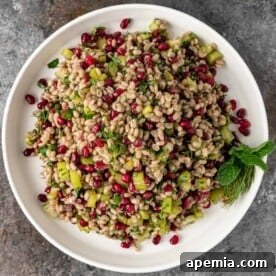 overhead: ancient grain salad with pomegranate arils on white platter