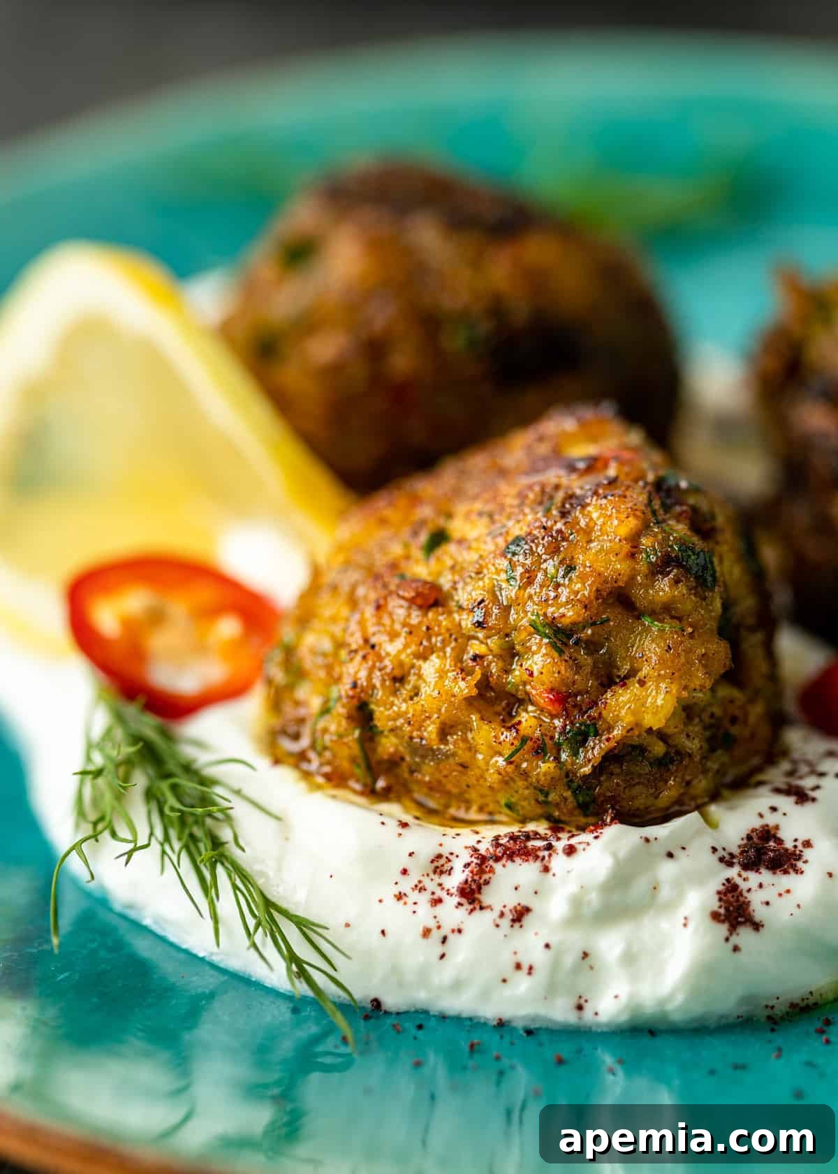 An extreme close-up shot of a Palestinian fish meatball, showcasing its golden-brown crust and moist interior, nestled in a bed of labneh with a wedge of lemon nearby.