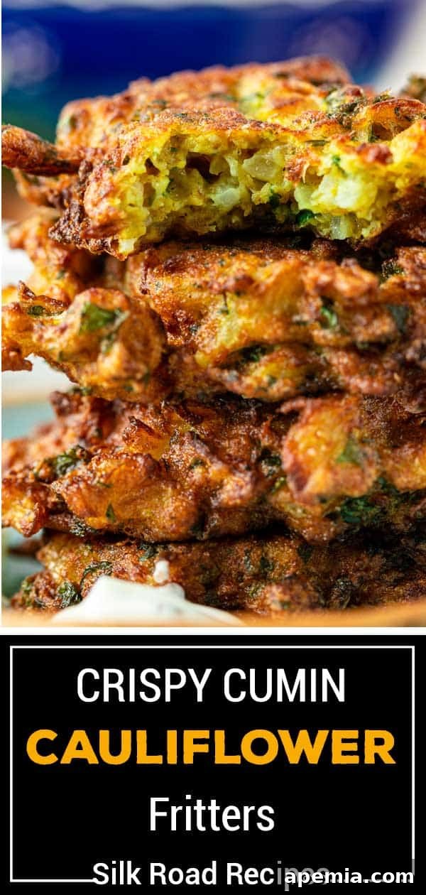 Lemon-Kissed Cauliflower Crisps 9 titled image shows stack of crispy cauliflower fritters