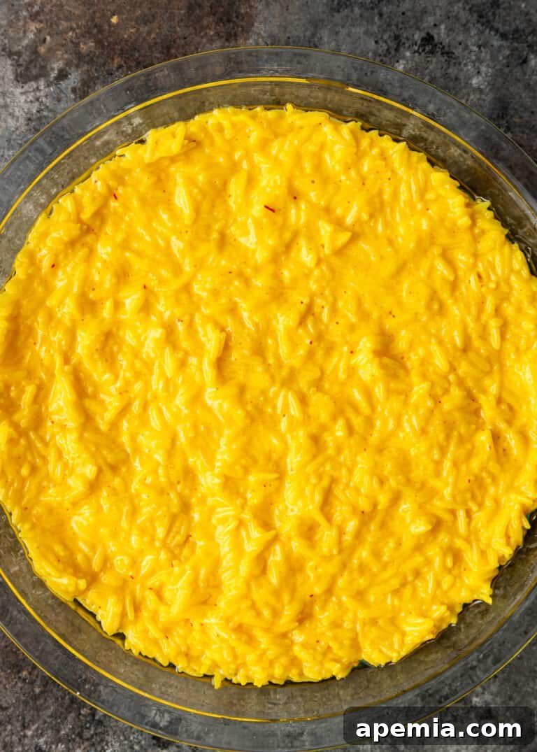 overhead: packed basmati in bottom of dish