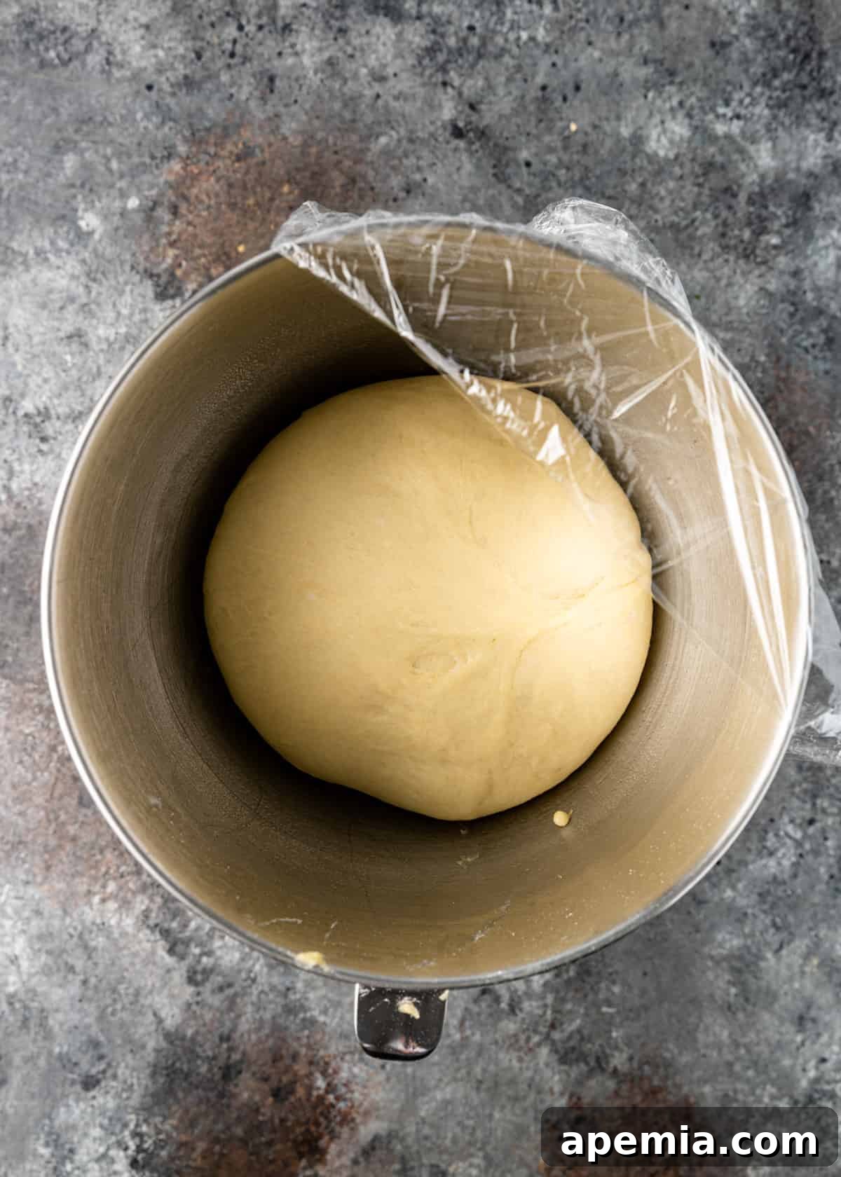 overhead: pizza dough in a metal mixing bowl after rising