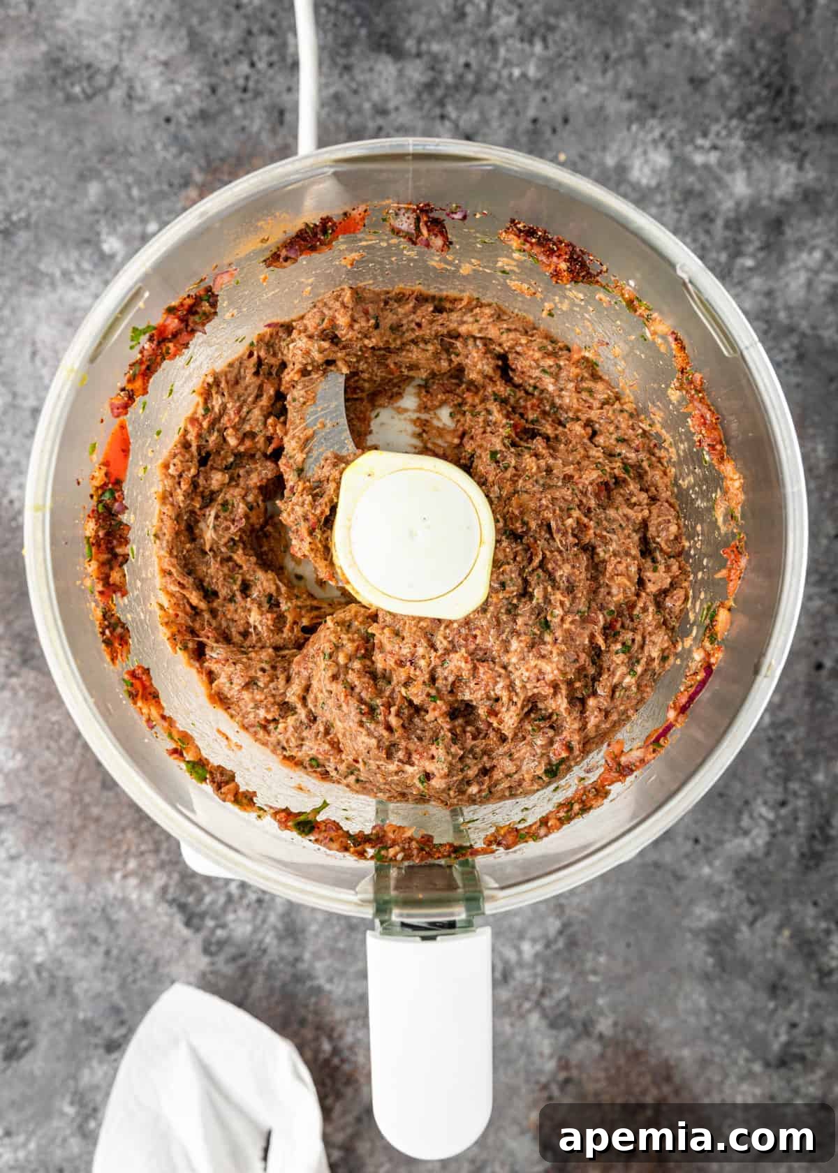 overhead process shot: fulled processed vegetables and spices for my lahmacun recipe