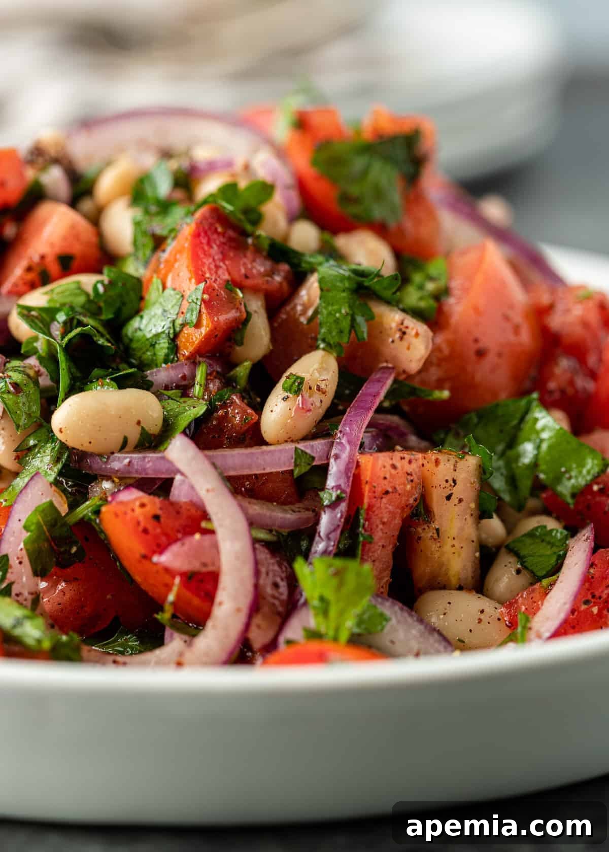 Side view of a beautifully presented Turkish white bean salad (Piyaz) in a simple white serving bowl, highlighting its fresh ingredients and vibrant colors.