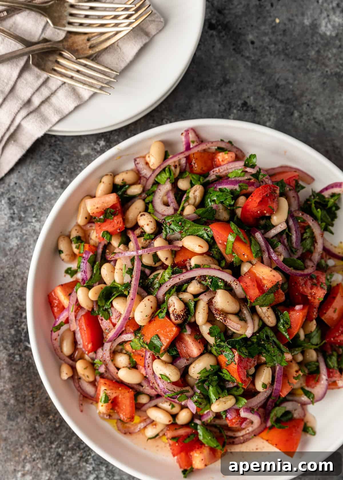 Overhead shot of a white plate filled with Turkish White Bean Salad (Piyaz), showcasing the colorful mix of white beans, red onions, tomatoes, and fresh herbs, ready to be enjoyed.