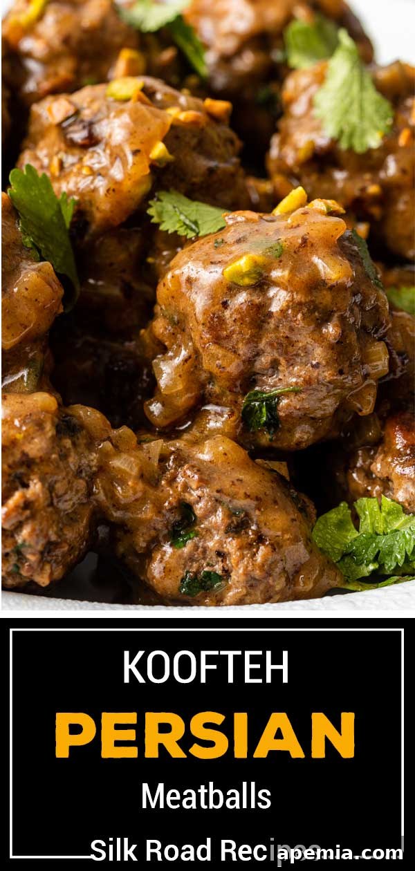Large, titled image showcasing a bowl of Koofteh Persian meatballs in gravy, garnished for a perfect meal.