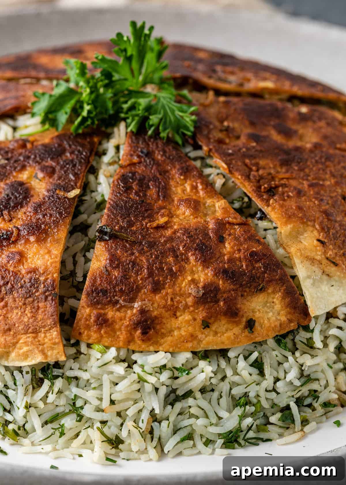 A close-up of a beautifully cooked crispy Sabzi Polo, topped with fresh herbs and a golden lavash Tahdig layer.