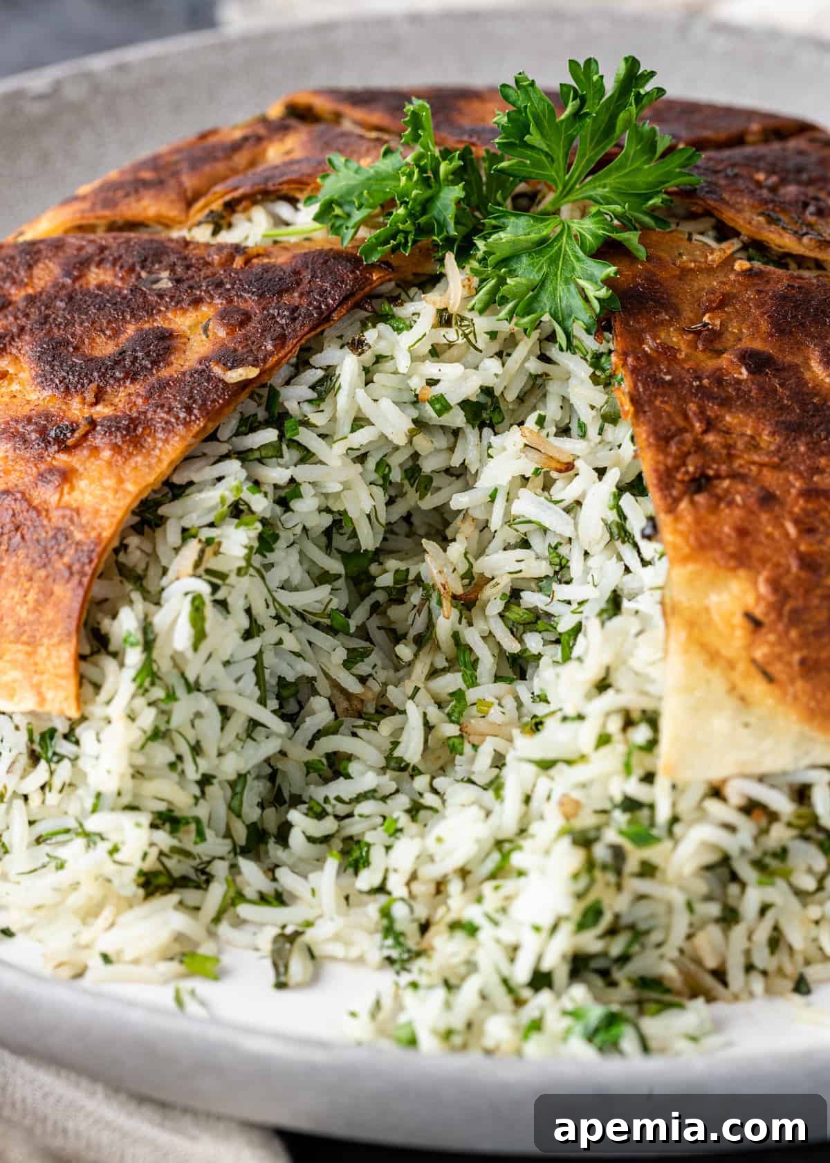 Inside view of Persian herb rice recipe with crispy flatbread on top, showing fluffy grains and green herbs.