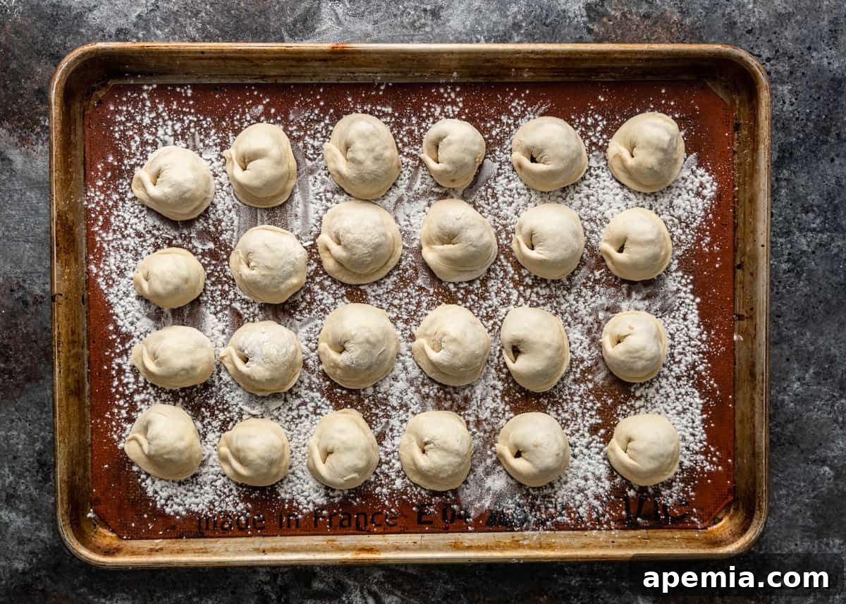 overhead: tray filled with ready to cook shish barak recipe, dusted with flour
