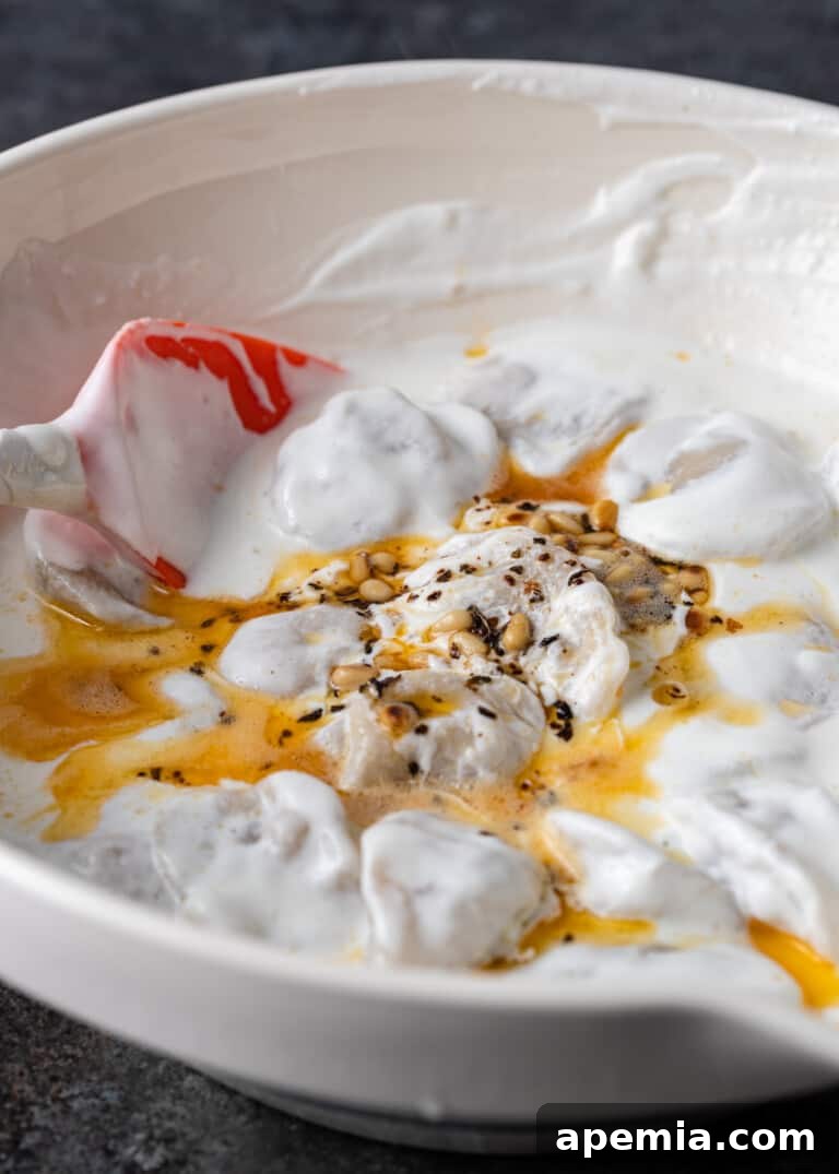 closeup: a rich, creamy yogurt sauce for meat dumplings, being prepared