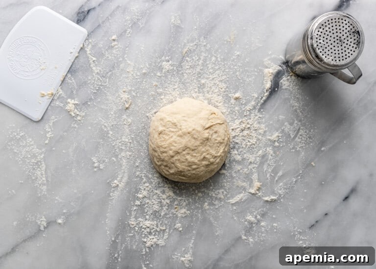 overhead: dough ball for shish barak, resting on a floured surface
