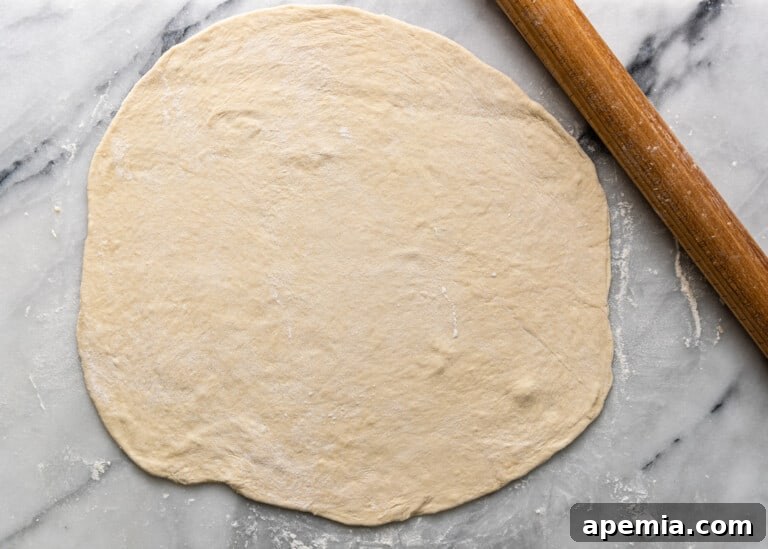 overhead: rolled out dough ball for shish barak, thin and even