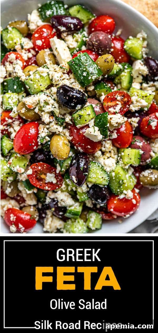 Titled image showing Greek Feta Salad, emphasizing its fresh ingredients