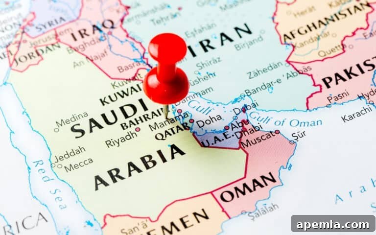 A map highlighting Saudi Arabia and surrounding Middle Eastern countries with a red pin, indicating the origin of Kabsa.