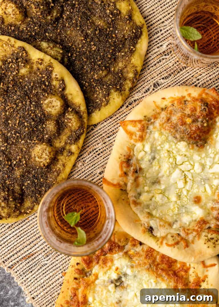 overhead image closeup: two pieces of zaatar bread and two pieces of cheese manakish
