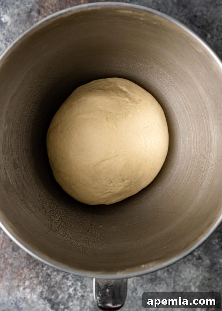 overhead: ball of zaatar bread dough in mixing bowl