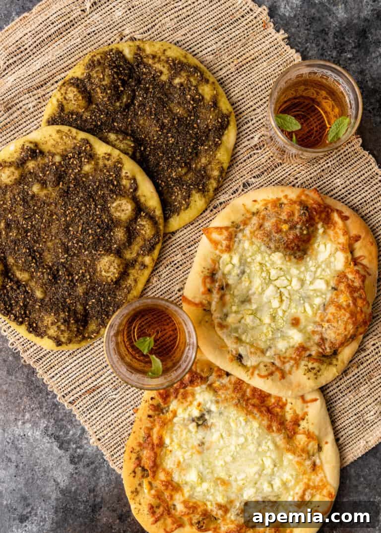 overhead image: 4 manakeesh flatbreads on beige woven placemat with 2 glasses of iced tea
