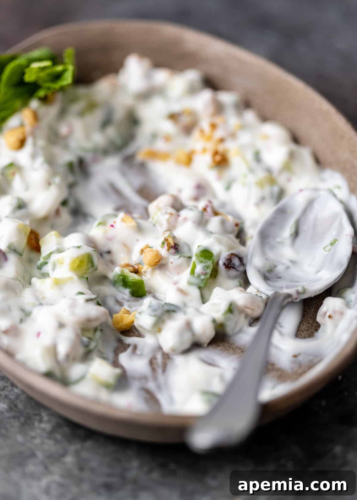 Refreshing Persian Mast O Khiar Cucumber Yogurt 7 closeup: serving spoon in bowl of mast o khiar