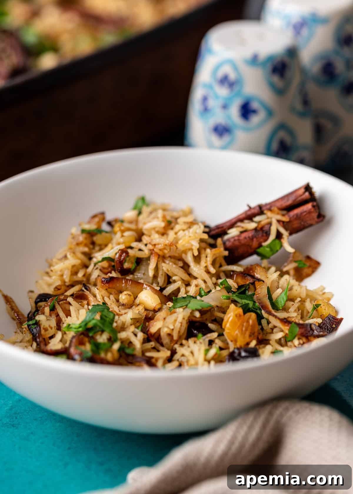 side view: bowl of Middle Eastern basmati rice pilaf