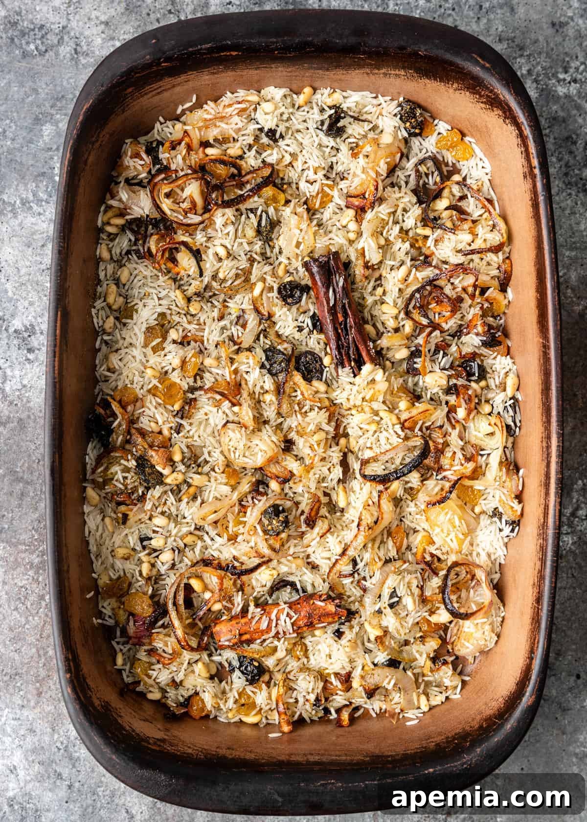 overhead: Middle Eastern rice pilaf recipe before baking in oven