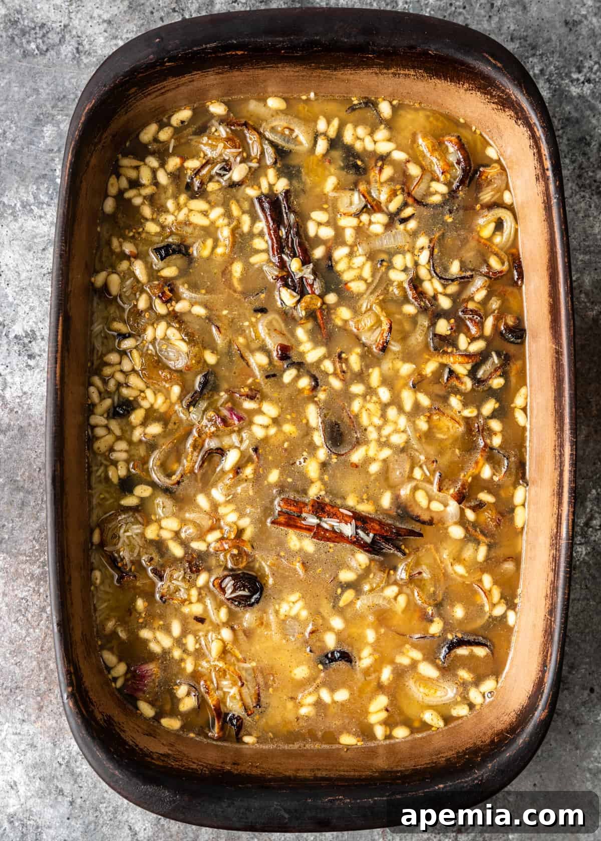 overhead: baking dish of basmati rice pilaf with zaatar spices
