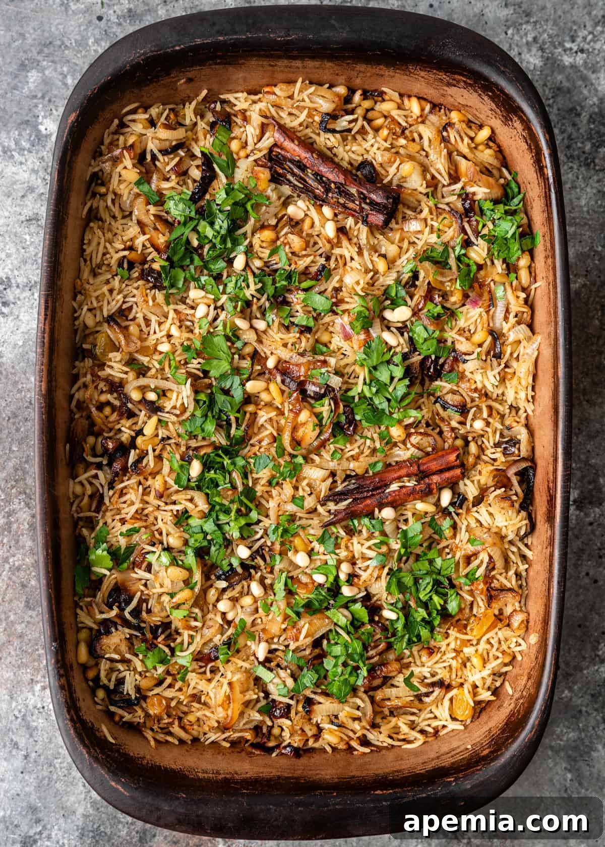 overhead: oven baked basmati rice pilaf with dried cherries, golden raisins, pine nuts and cinnamon sticks, with sprinkling of fresh parsley