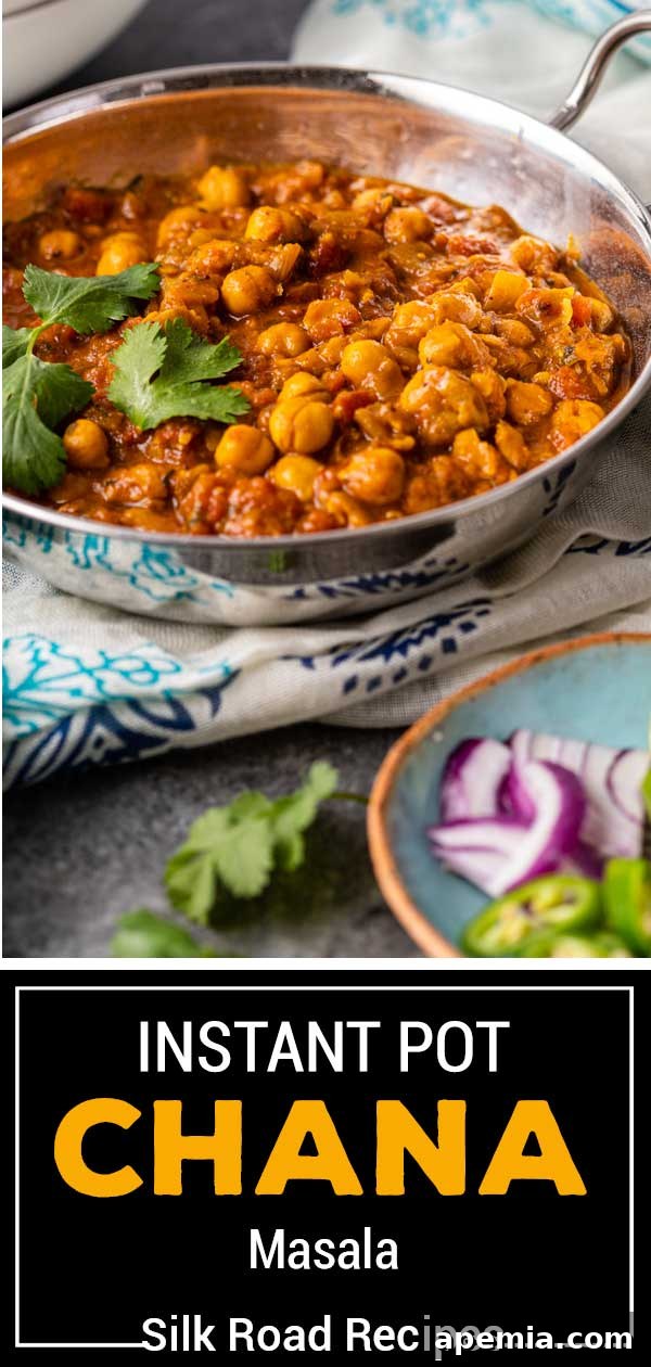 Titled image (and shown in a metal serving bowl): Instant Pot Chana Masala - Silk Road Recipes