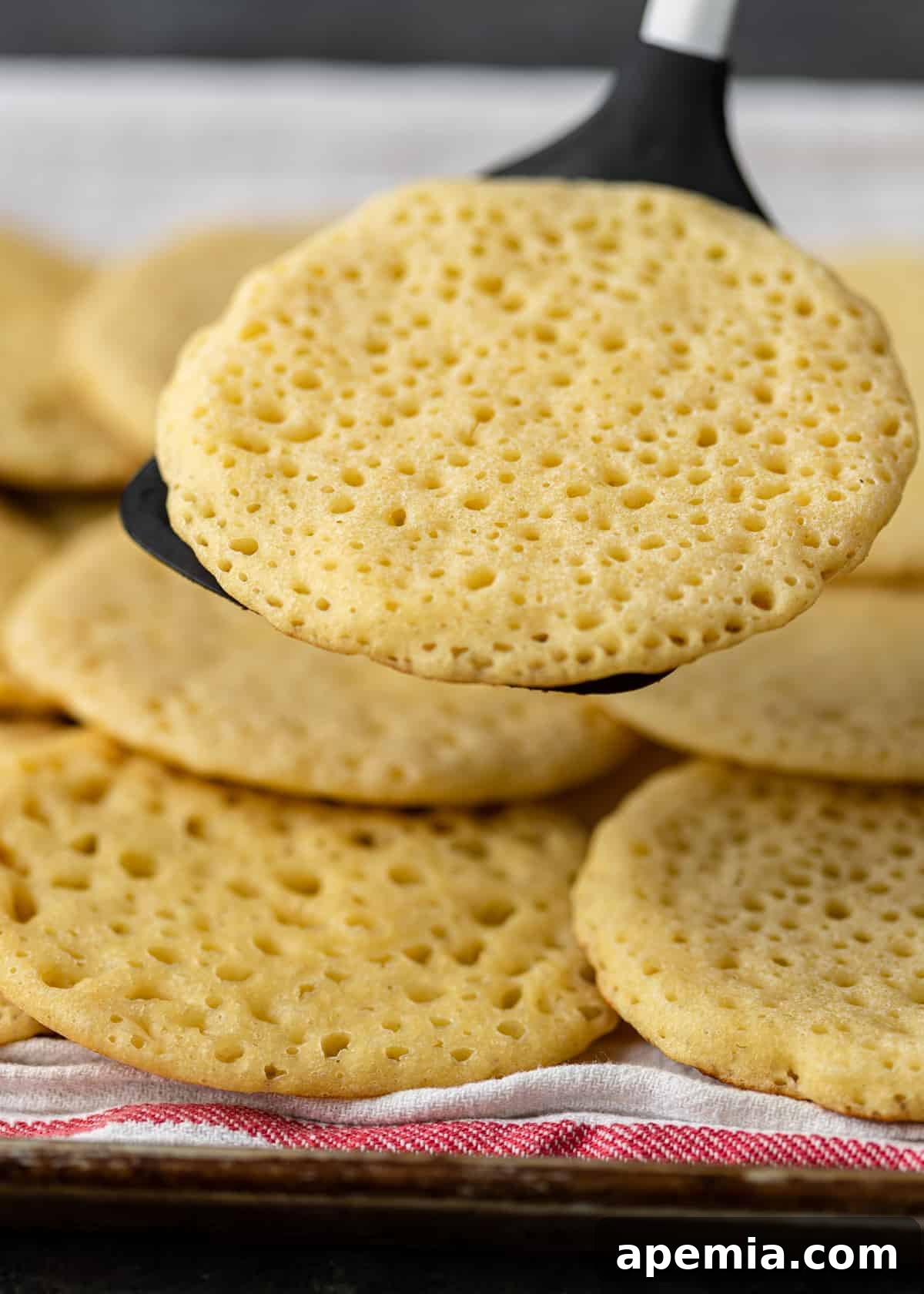 A close-up of a single golden-brown Baghrir pancake resting on a spatula, showcasing its perfectly porous texture and light, airy structure, ready for toppings.
