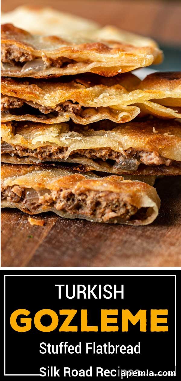 Titled image showing Turkish Gozleme stuffed flatbread, ready to be enjoyed.