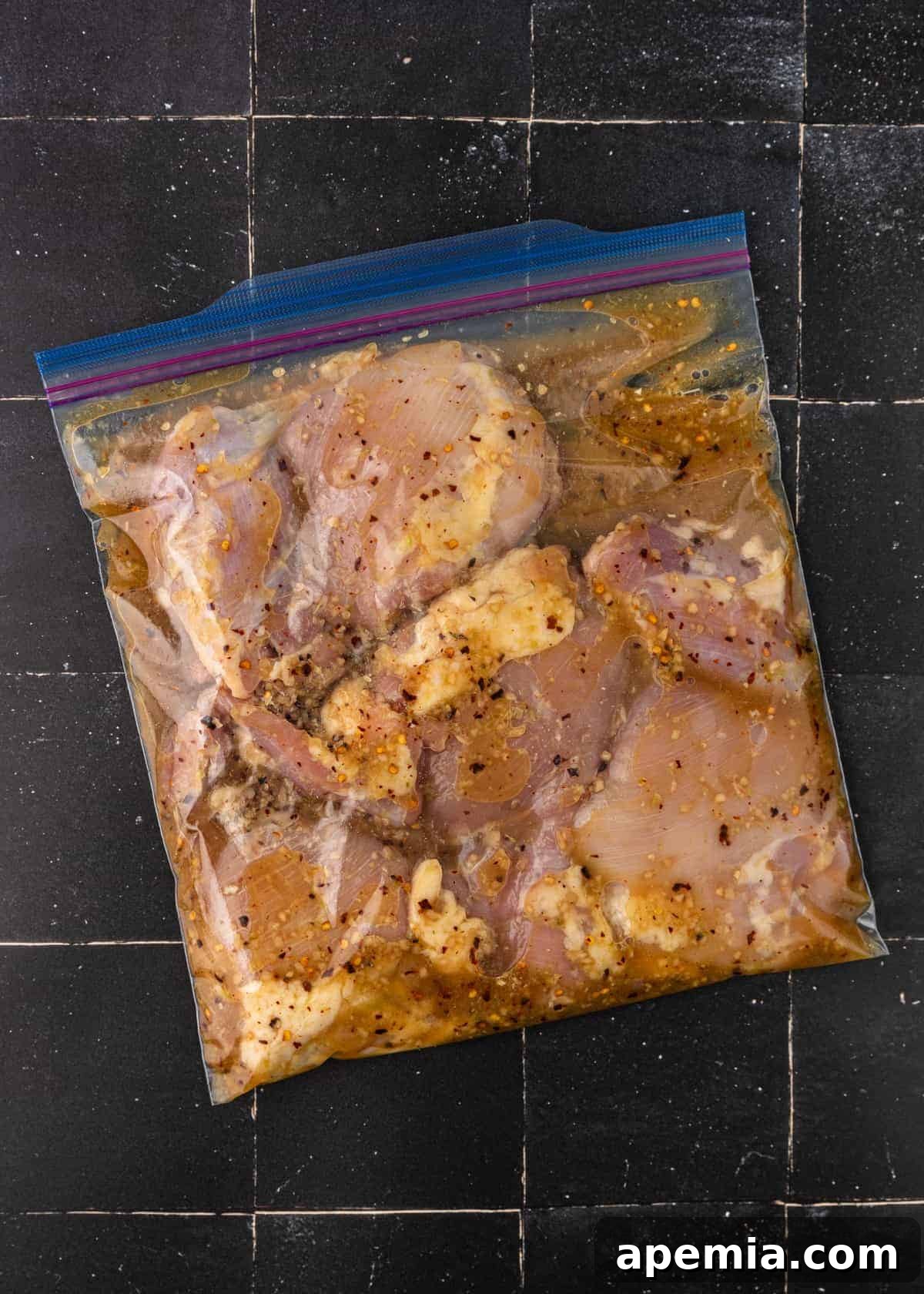 overhead: boneless chicken thighs in Ziploc bag with Asian chicken marinade