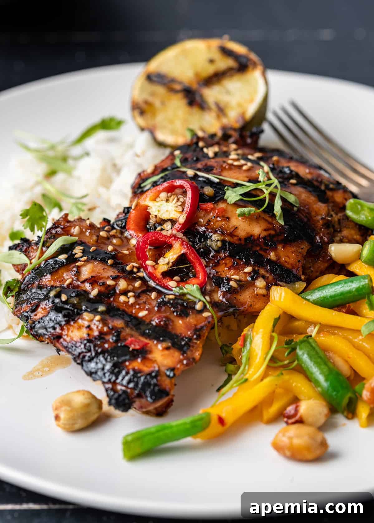 grilled Thai chicken on dinner plate with stir fried vegetables