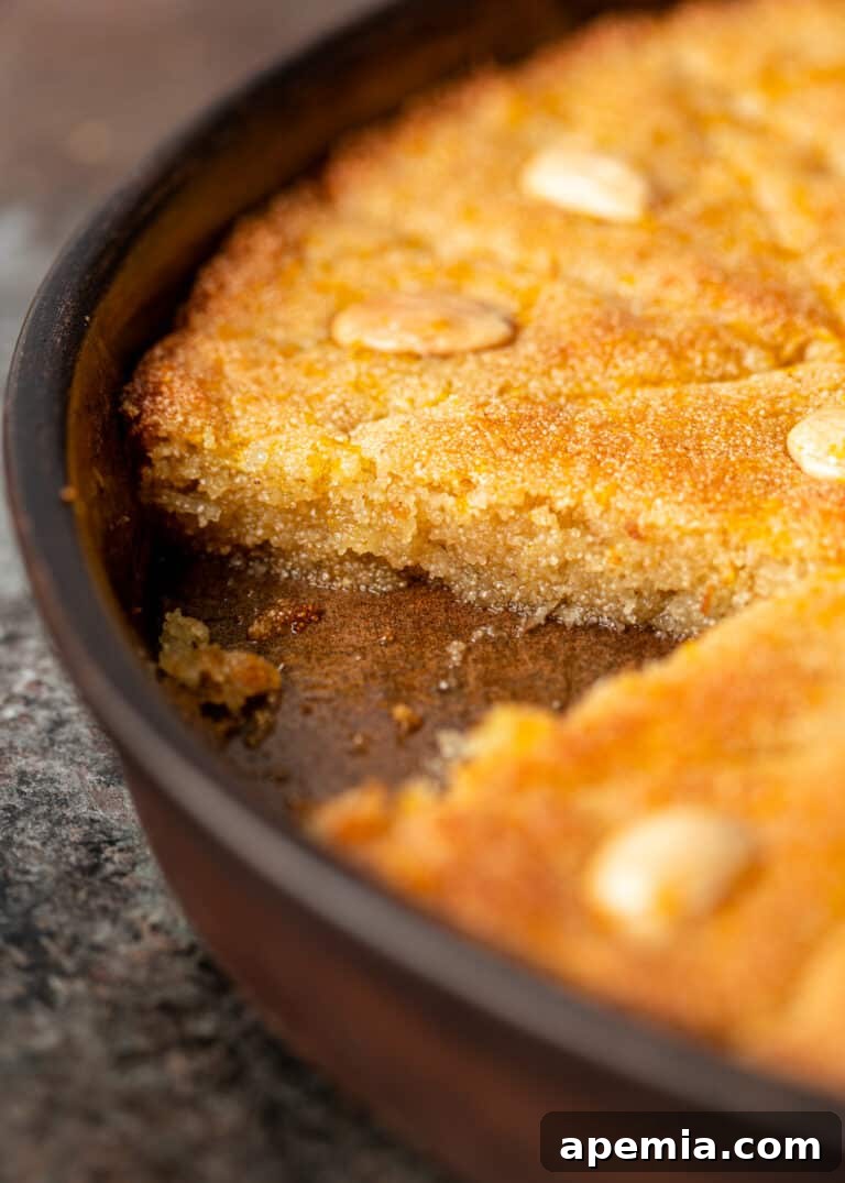 Egyptian Basbousa Golden Semolina Bliss 13 Extreme close-up shot revealing the dense, moist, and tender texture inside a slice of Basbousa cake.