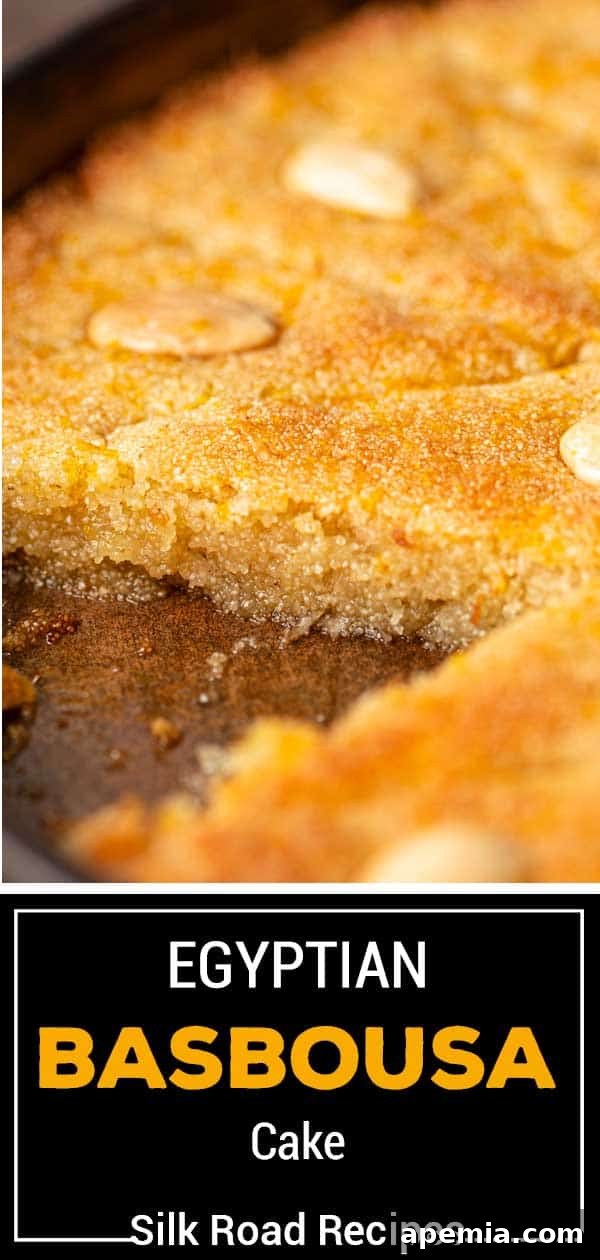Egyptian Basbousa Golden Semolina Bliss 16 Titled image showing a full Egyptian Basbousa cake, beautifully cut and ready to be served, highlighting its golden crust and moist texture.