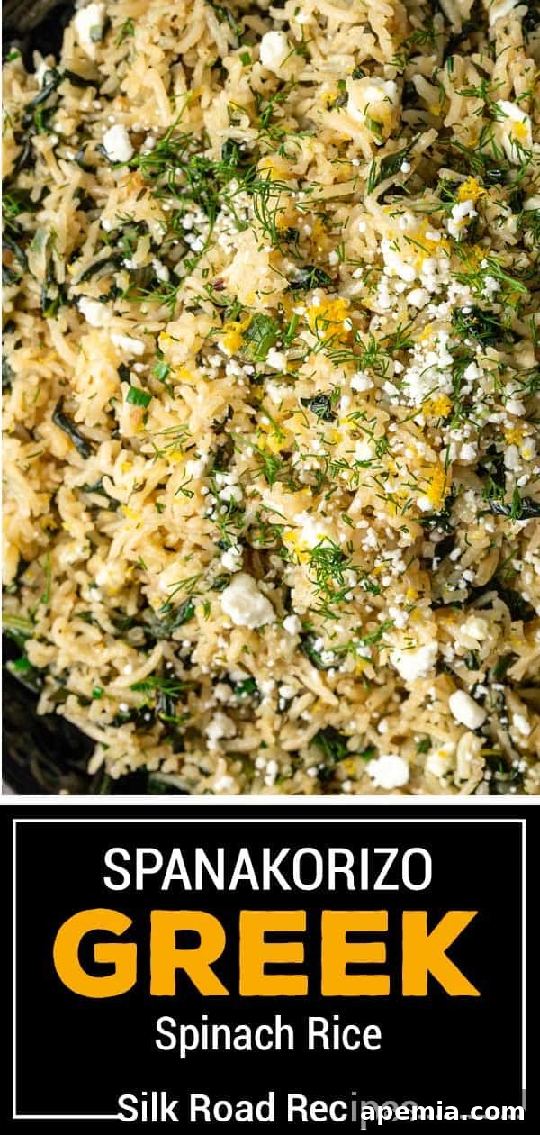 A Pinterest-optimized image titled 'Greek Spinach Rice' showing a close-up of the dish, emphasizing its rich texture and appetizing garnish of fresh herbs and feta.