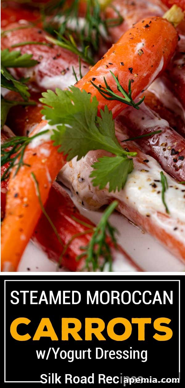 Titled image for Pinterest showing a close-up of vibrant steamed carrots with creamy yogurt dressing, fresh herbs, and a Moroccan flair.