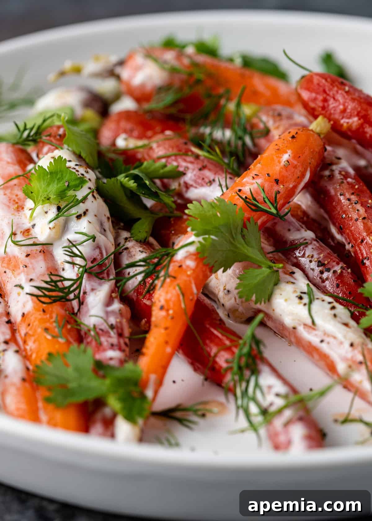 Close-up image of a white platter showcasing vibrant heirloom Moroccan carrots, beautifully arranged with fresh herbs, highlighting their natural colors and textures. Ideal for a healthy, gourmet side dish.