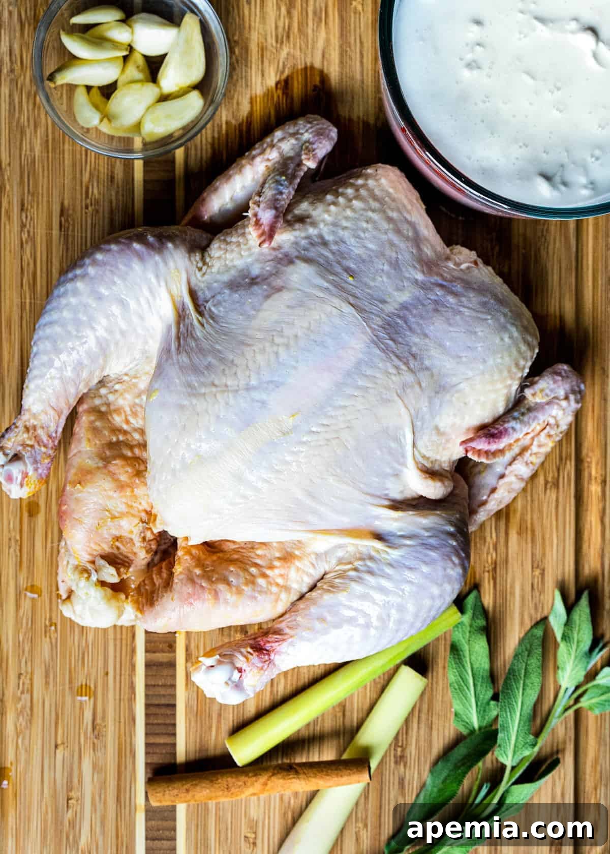 overhead: uncooked ingredients to make whole chicken in instant pot