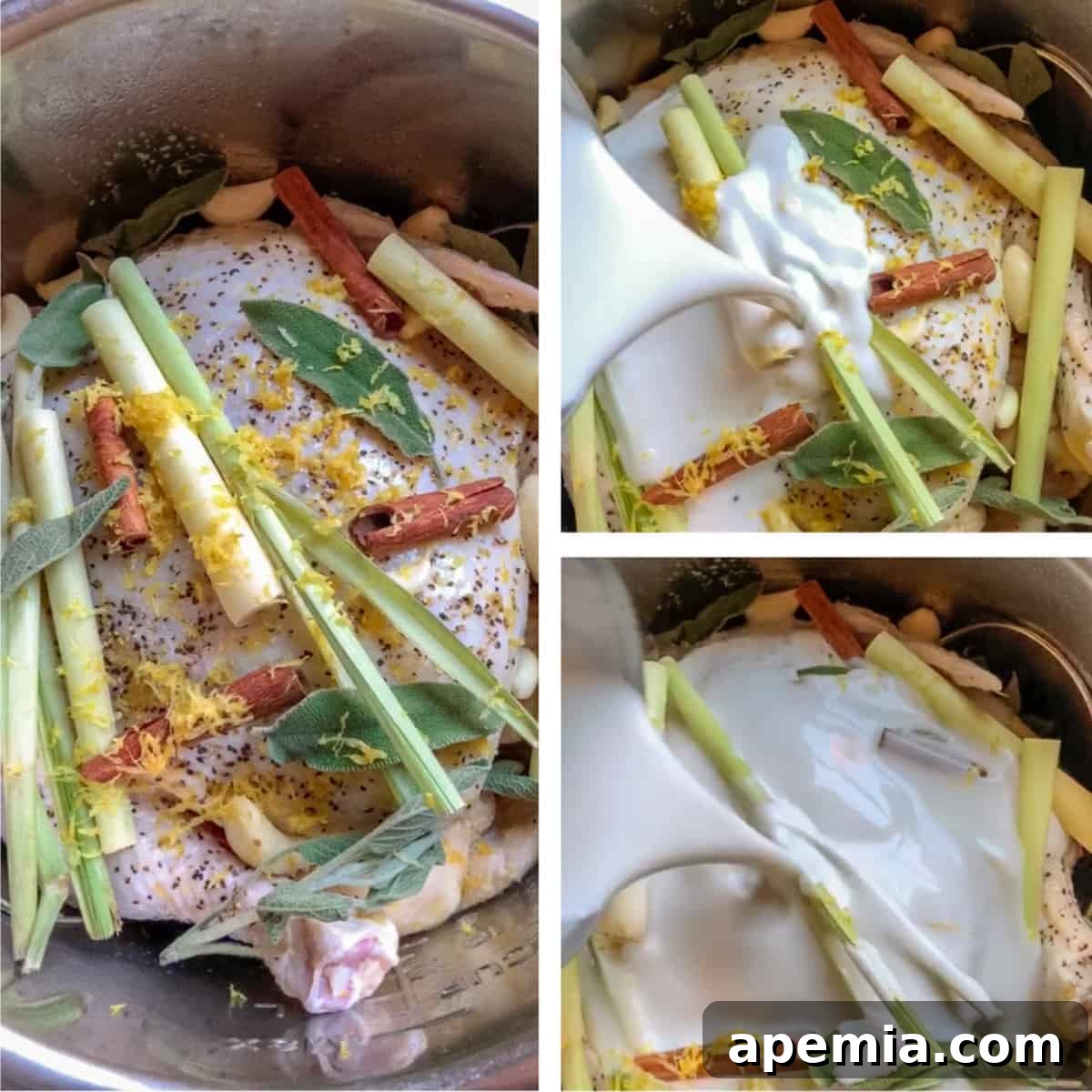 photo collage of chicken in coconut milk with lemongrass and Thai basil