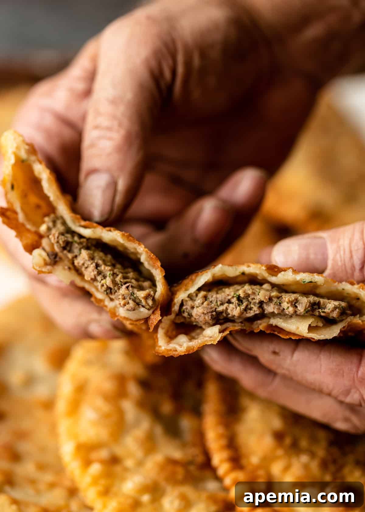 man's hands holding pieces of Russian chebureki, revealing the meat filling inside