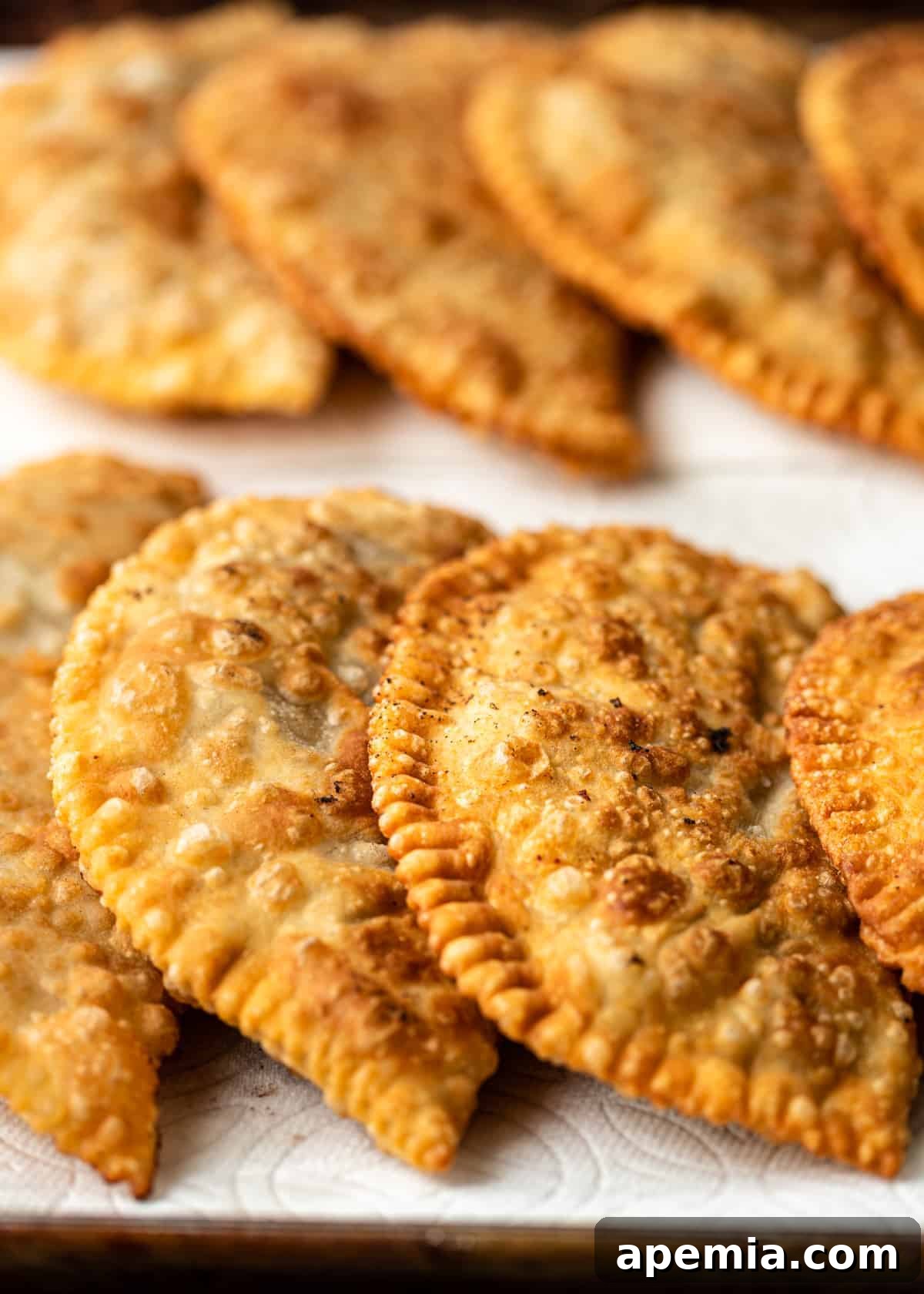 close up image of golden brown, fried chebureki