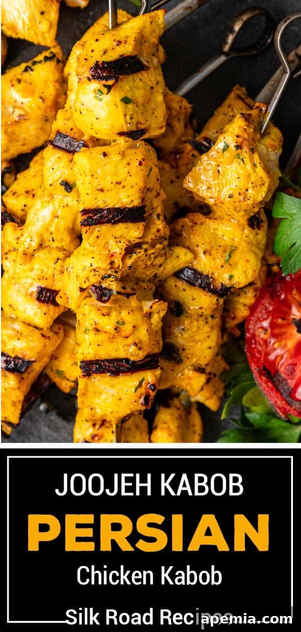 Titled image (and shown): Joojeh Kabob, a classic Persian chicken kabob, featuring tender saffron-marinated chicken.